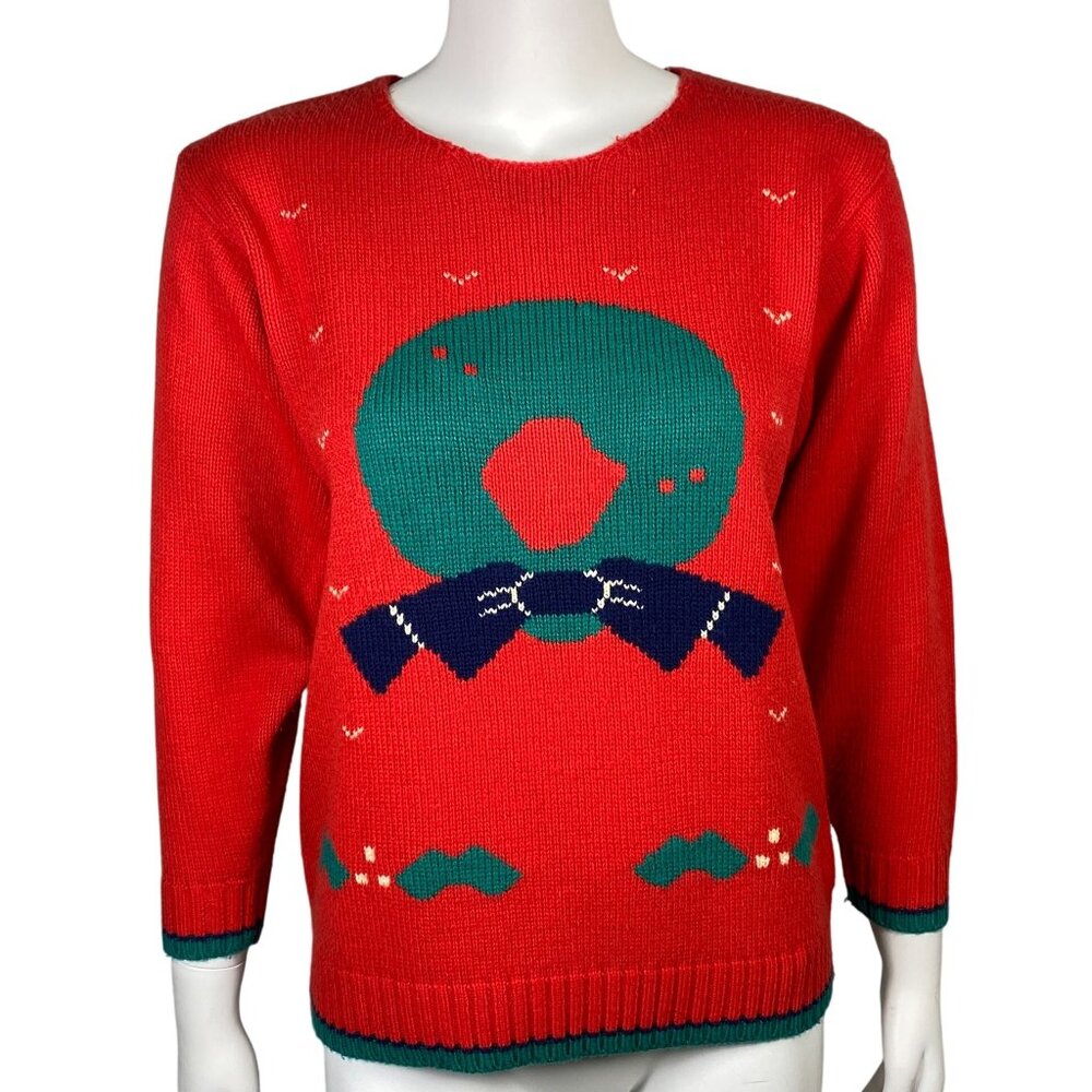 Vintage Mr. Mort Petite Holiday Wreath Sweater Womens Size MP Long Sleeve